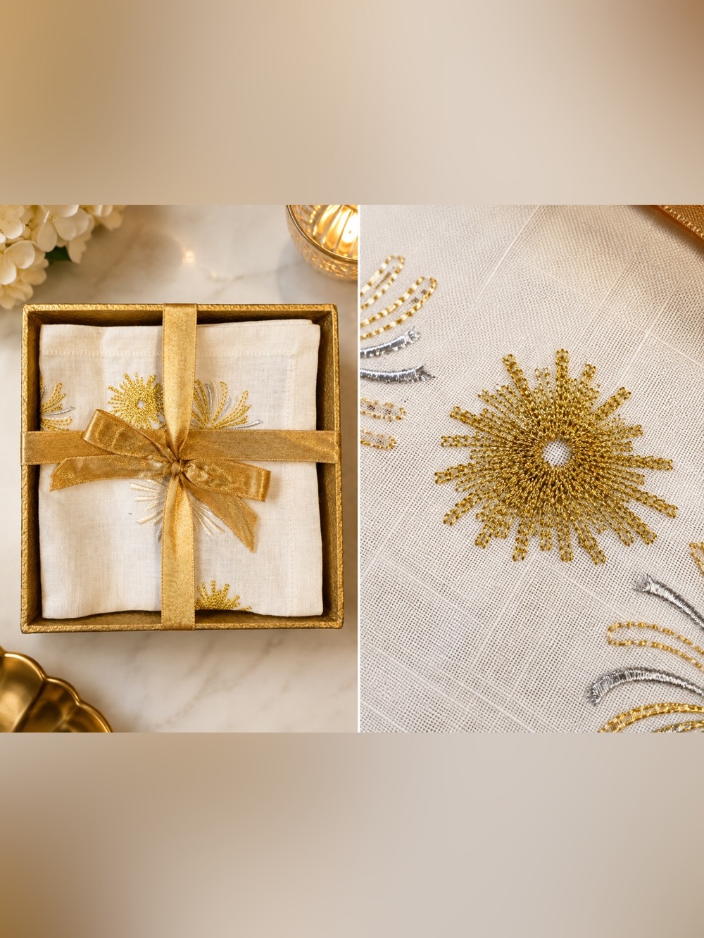 Kim Seybert Gold Metallic 12”x 12” Luncheon Napkin Gift Set Vintage Stock New